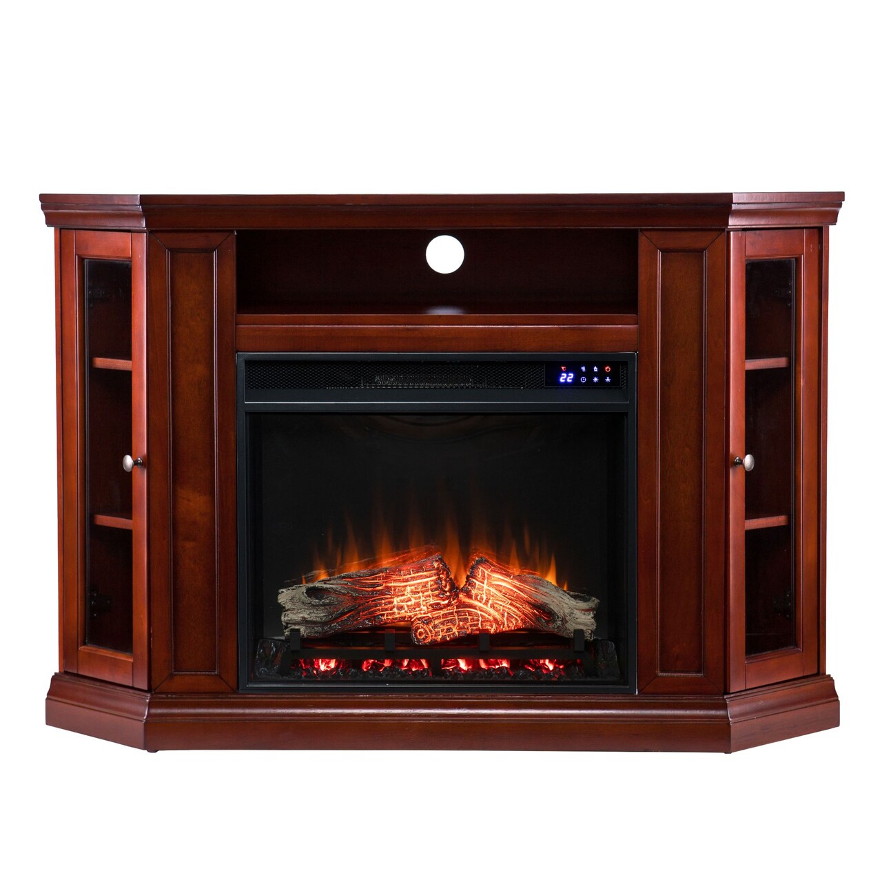 Southern Enterprises 48" Mahogany Brown and Black Modern Style Triangular Electric Corner Fireplace with Storage